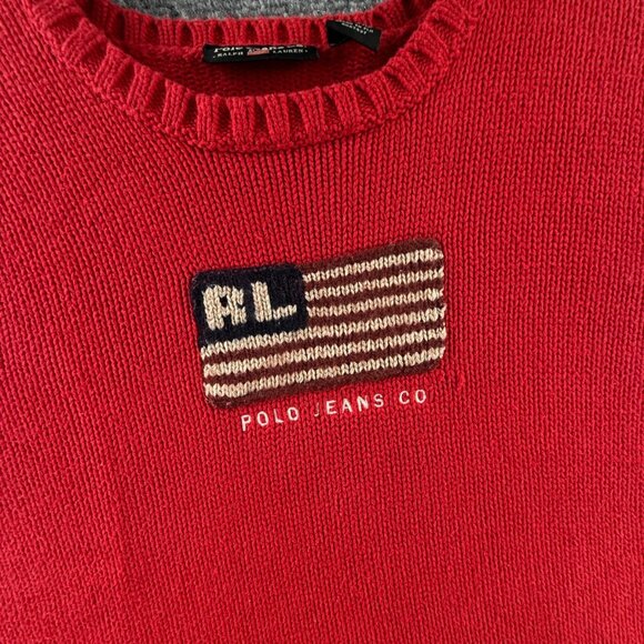 Polo Jeans Ralph Lauren Red Knit Pullover Flag Sweater RL Embroidered Large - Picture 2 of 16